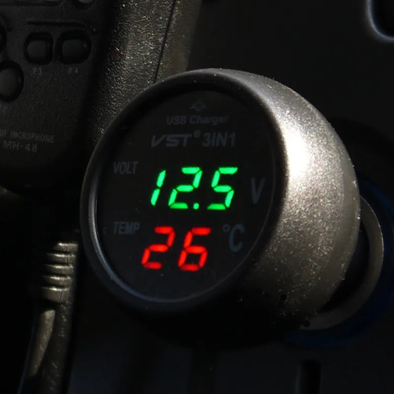 BYGD 3 в 1 12/24V цифровой светодиодный Вольтметр термометр Авто USB Зарядное устройство Температура вольтметр прикуриватель - Цвет: Красный
