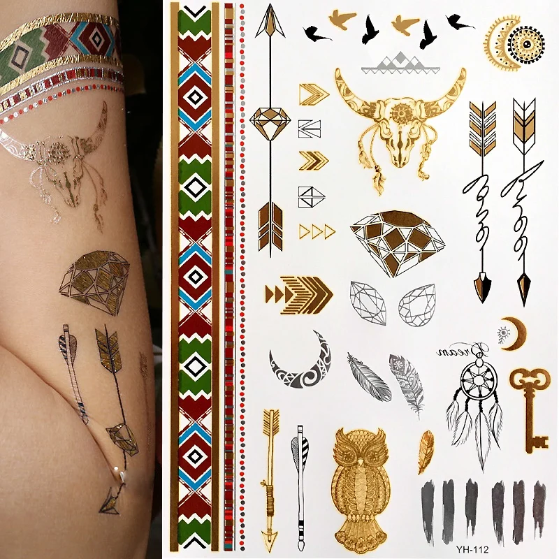 

Hot Flash Metallic Waterproof Temporary Tattoo Gold Silver Tatoo Women Henna Boho Arrow Tattoo Sticker