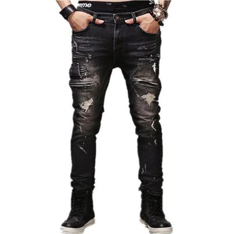 

High Quality Mens Ripped Biker Jeans 100% Cotton Black Slim Fit Motorcycle Jeans Men Vintage Distressed Denim Jeans Pants 28-38