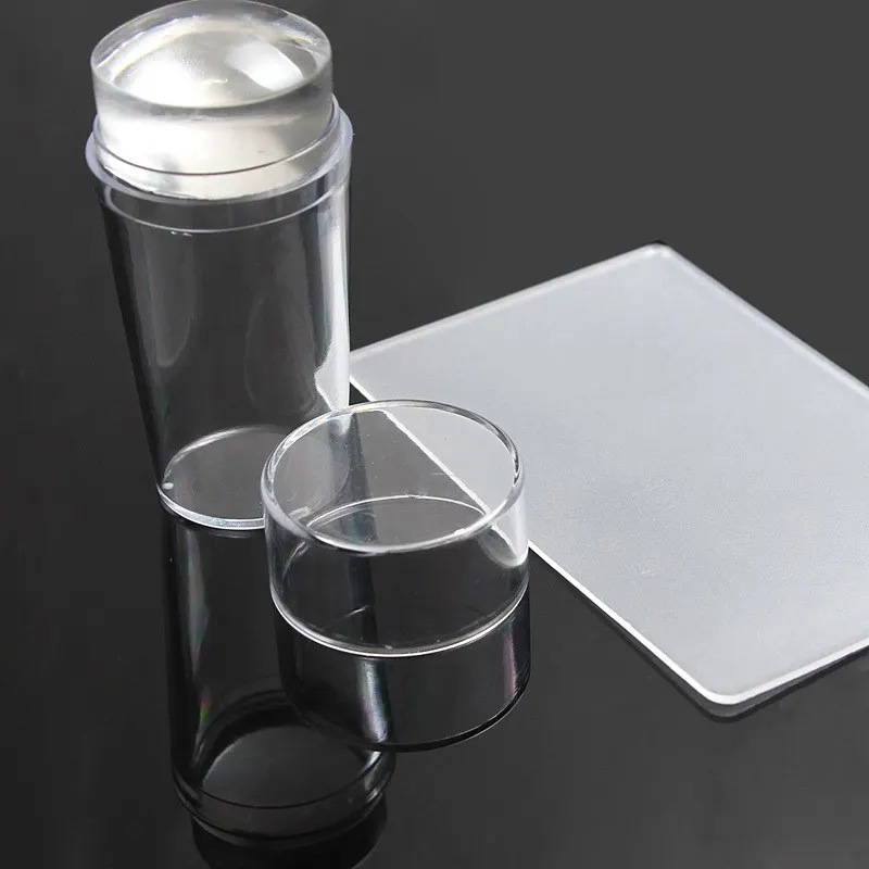 

02 Nail Art Templates Pure Clear Jelly Silicone nail stamping plate Scraper with Cap Transparent Nail Stamp