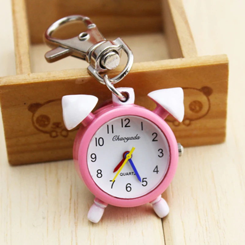 

2018 hot seller children girls cartoon mini alarm clock shape quartz watches lovely key chain pocket watches kids arts fob clock