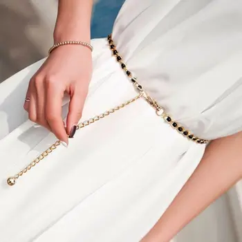 

Women Metal Imitation Pearl Beads Thin Waist Chain Belt Adjustable Gold Chains Waistband Strap Dress Accessories Decor