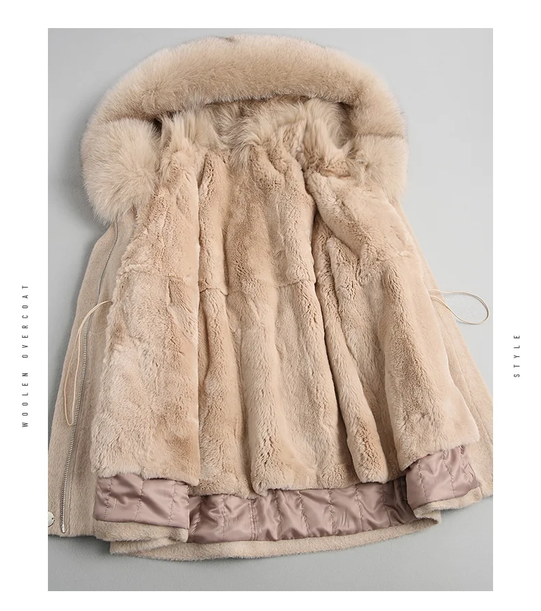 AYUNSUE шерстяное пальто женский Настоящий мех кролика подкладка Шерсть альпака пальто натуральный Лисий мех с капюшоном зимняя куртка 18141 WYQ2019