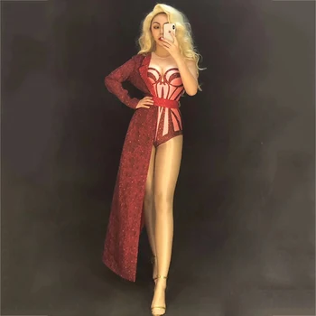 

Savory Golden Flower Lace Bodysuit Sexy Transparent Mesh Fiber Costume Stage Dance Wear Swimsuit Red Dancing Concert Tight DJ504
