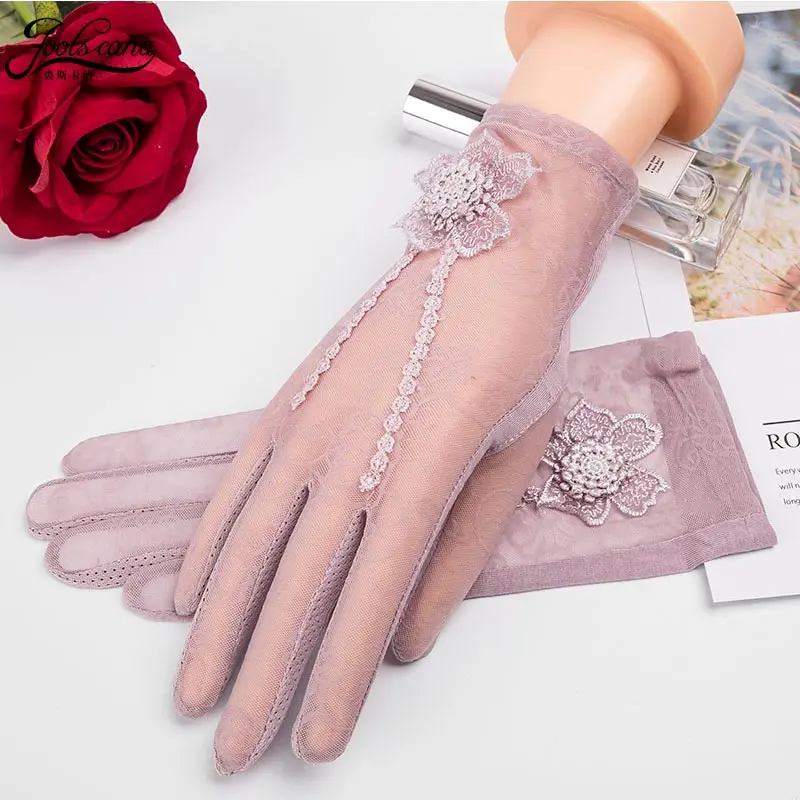 Joolscana sensony gloves women lace gloves summer white black wrist flower 2018 top brand