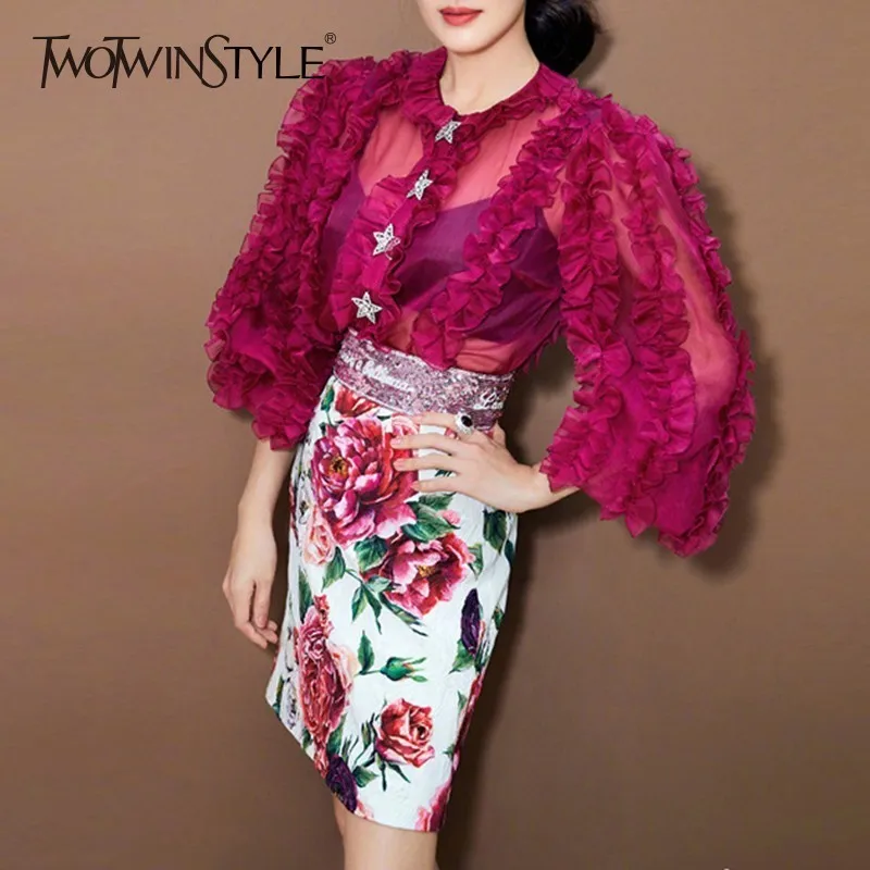 

TWOTWINSTYLE Two Piece Set Perspective Patchwork Ruffle Top Female With High Waist Print Flower Mini Womens Skirt Casual Fashion