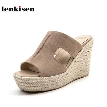 

Lenkisen new cow suede slip on slingback simple fashion platform women sandals peep toe super high heels wedges summer mules L03