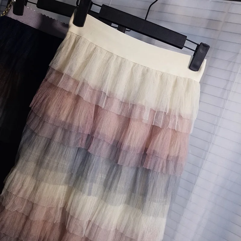 Эластичные весенние сетчатые Многослойные Бальные юбки женские радужные полосы марлевые оборки роскошная юбка с высокой талией