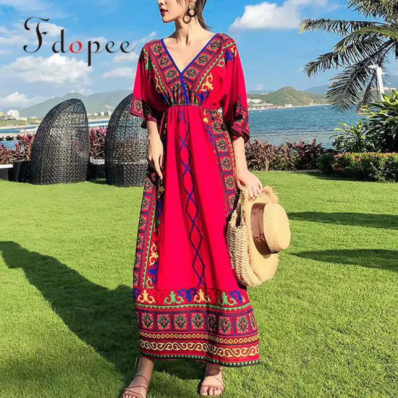 

2019 Women Dress National Wind Holiday Slim Seaside V-neck Female Vestidos Plus Size Half Sleeve Hit Color Personalized Dress