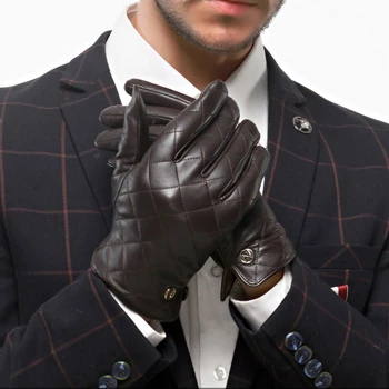 Зимние мужские кожаные перчатки, модные мужские перчатки из овчины на запястье, однотонные мужские перчатки из натуральной кожи, бархатные теплые перчатки для вождения - Цвет: Dark brown