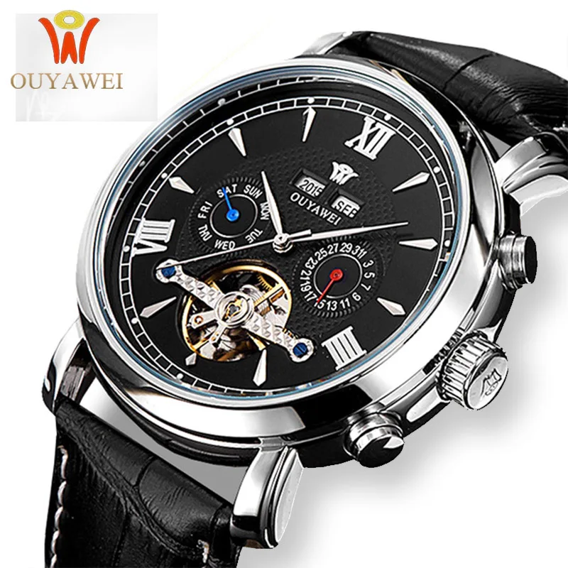 OUYAWEI الهيكل العظمي الميكانيكية الساعات الفاخرة الرجال السود توربيون الأعمال العلامة التجارية جلدية تاريخ الذكور الساعات ساعة Relogios Masculino