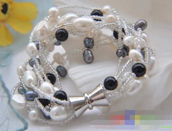 

Hot sell ->@@ 0794 10row 8" white black baroque pearl agate bead bracelet -Top quality free shipping