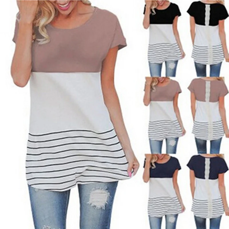 

Rockbottom Women 2019 Summer New Fashion Arrival Vintage Casual Stripe Patchwork Lace Chiffon Tops Tee T Shirt Femme 3 Colors
