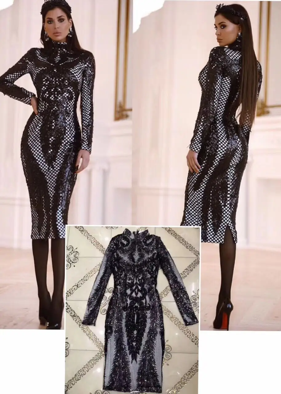 

Women elegance black Mesh Sequined Turtleneck long sleeve dress 2018 Vestidos Celebrity evening party Bandage bodycon dresses