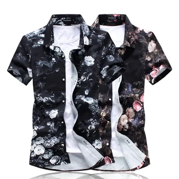 

England 10 Styles Hight Quality 2018 M-5XL Plus Size Summer Mens Short Sleeve Shirt Flower Print Floral Male Blouse
