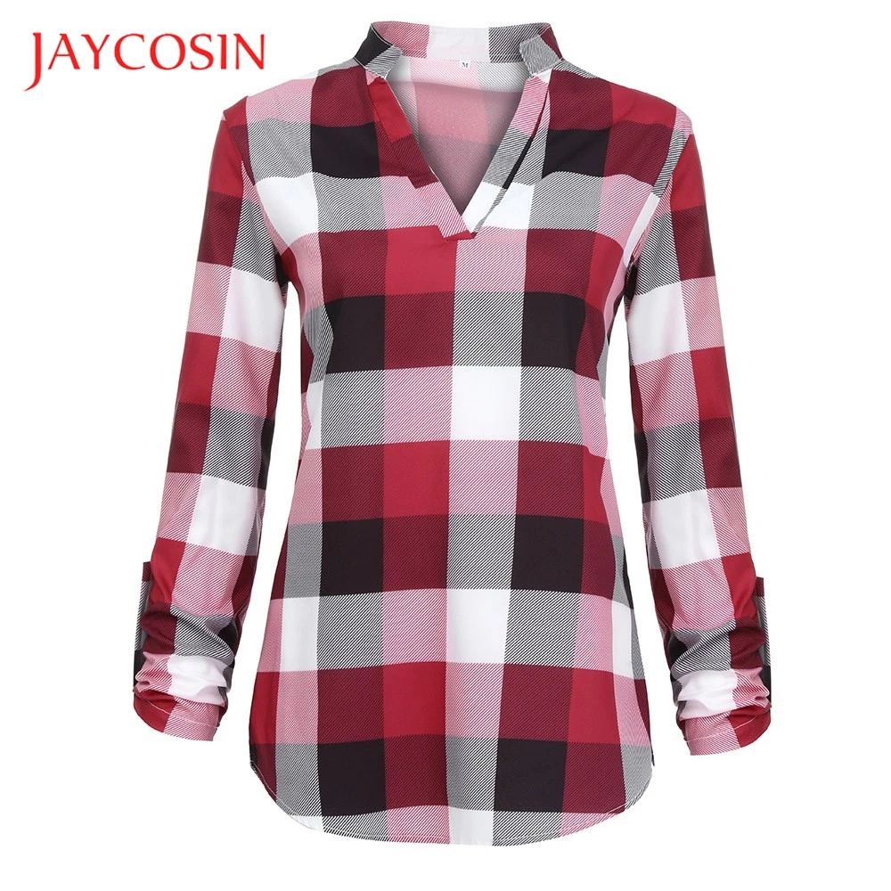 Женская клетчатая рубашка JAYCOSIN с длинным рукавом и v образным вырезом блузка