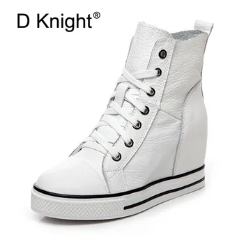 

Women Ankle Boots Genuine Leather Lady Wedges Platform Boots Hidden Heel Shoes High Top Sneaker Black Casual Shoes For Woman