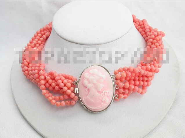 

shipping Charming! 10strands round pink coral necklace Cameo Clasp E863