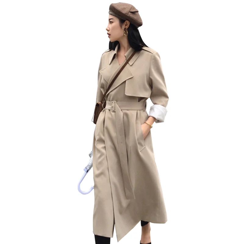 

Spring Autumn Women's Casual Windbreaker Coat Turndown Collar Overcoat Outerwear Fashion Long Trench Coat Slim Tops Coats Belt