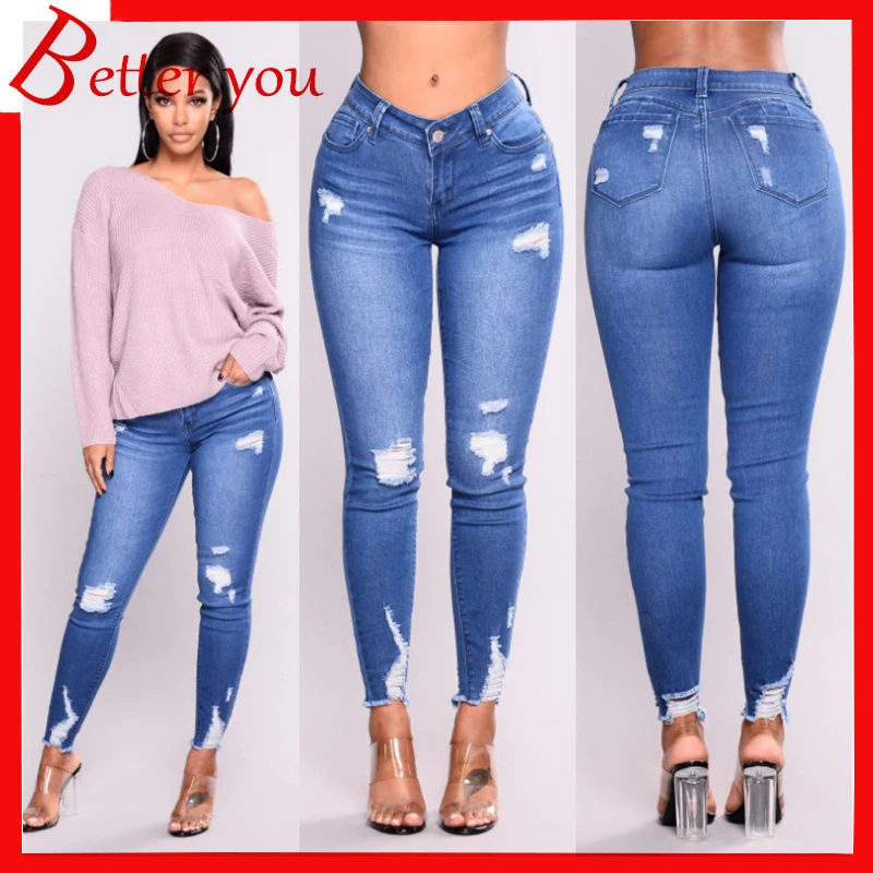 

Spring Summer pants women elastic hole ripped skinny jeans women pencil pants trousers high waist Jeans