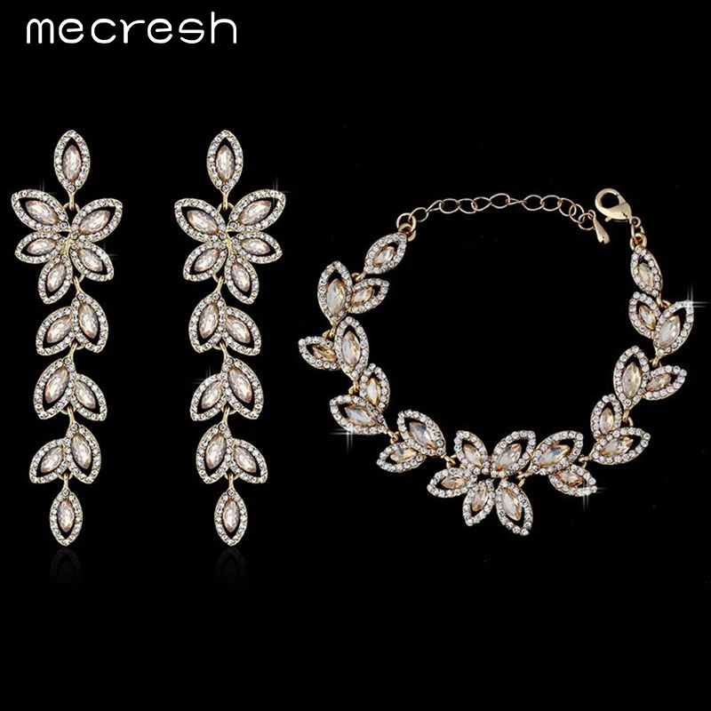 Mecresh Top Crystal Gold Plated Jewelry Sets Leaves Earrings Bracelets for Women Bridal Jewelry Sets SL046+EH282
