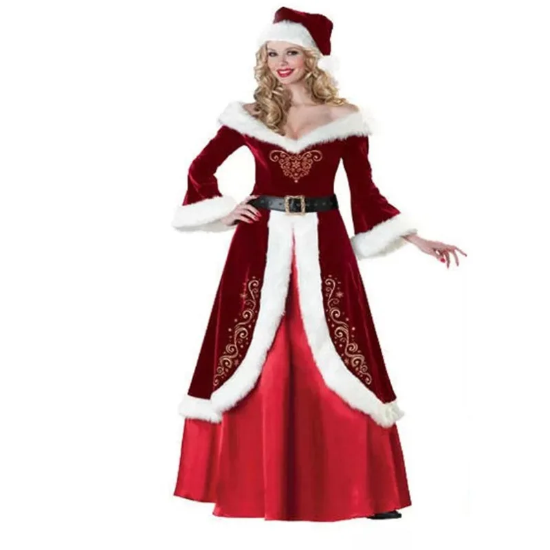 Рождественский костюм для женщин, маскарадное платье Miss Santa, элегантное платье королевы, женские зимние длинные рождественские платья, шапка, набор - Цвет: Красный