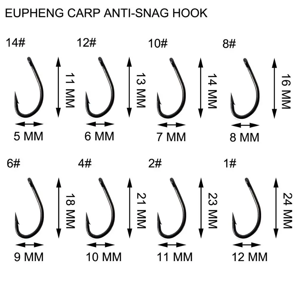 Eupheng 40 шт. с тефлоновым покрытием для ловли карпа, крючок для рыбалки, супер сильный Ультра Острый широкий зазор, кривая, длинный хвостовик - Цвет: Anti Snag Barb