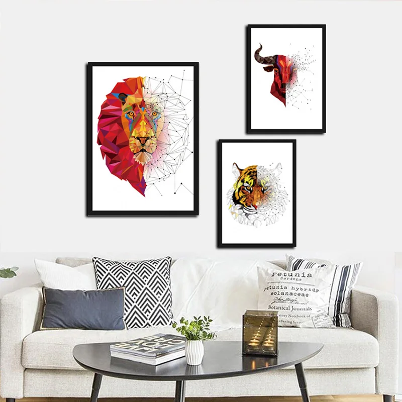 

Colorful Lion Cow Tiger Geometric Animals Canvas Painting Art Porch Sofa Background Decorative Pictures Home Decor