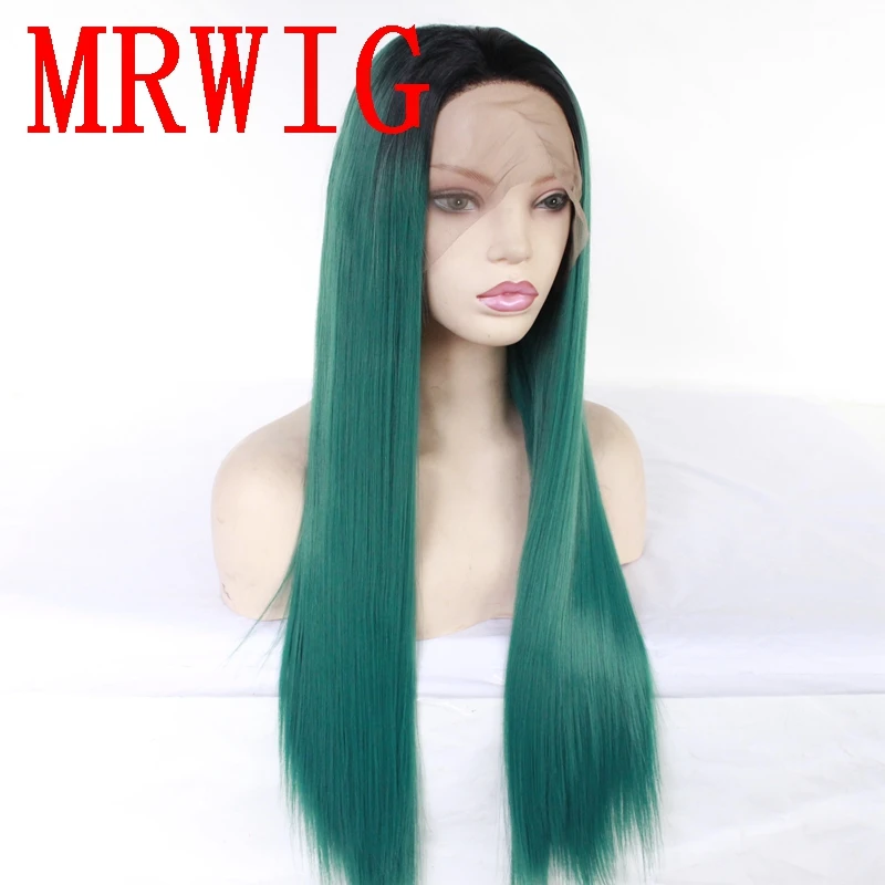 MRWIG  Black Ombre Green Short Dark Roots Long Straight Synthetic Glueless Front Hair Wig African Americans