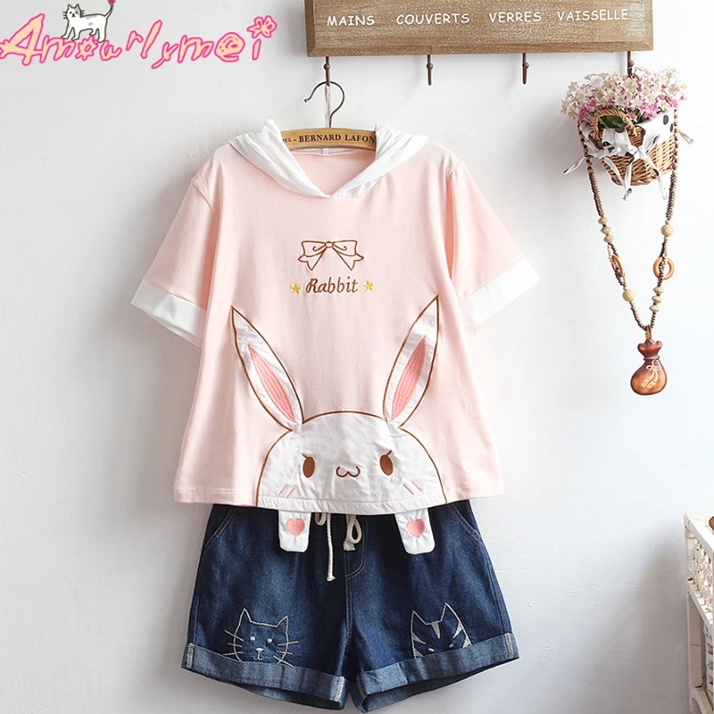 Женские летние футболки Lolita Kawaii хлопковые с коротким рукавом и вышитым бантом
