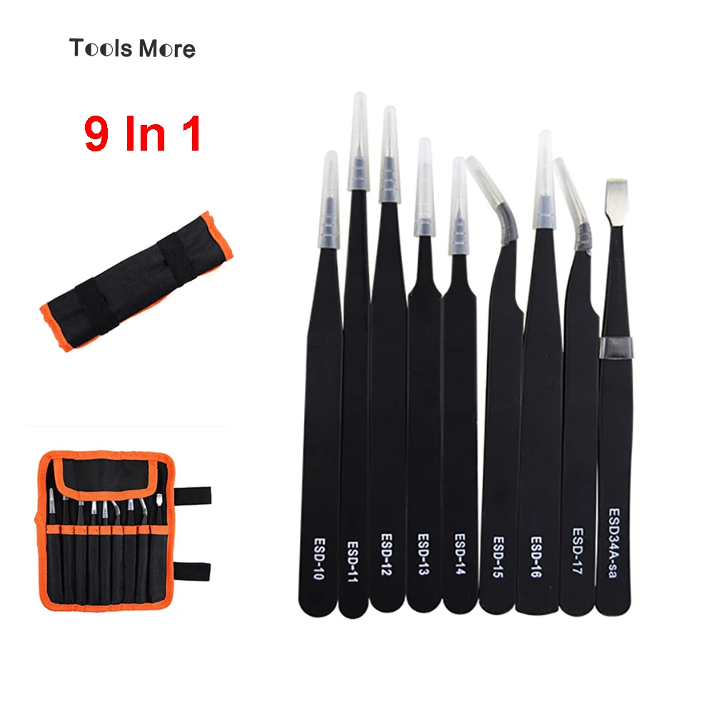 9 In 1 High Quality ESD Tweezer Set Stainless Steel Tweezers Repair Tools Kit With Storage Bag