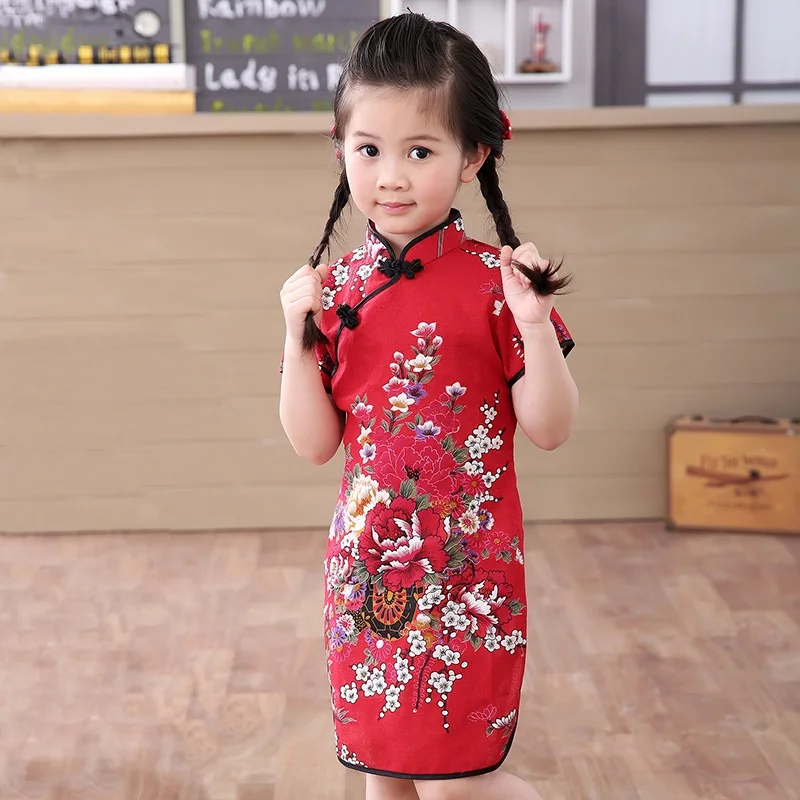 

New 2019 Girls Cheongsam Cotton A-Line Dress Chinese Style Straight Elegant Kids Dresses Traditional Chinese Garments 80-155