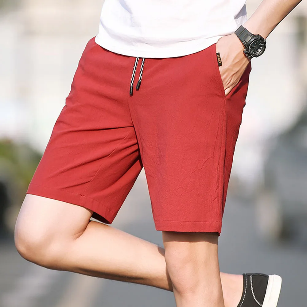 AudWhale Summer Cotton Linen Casual Shorts High Waist Drawstring Knee