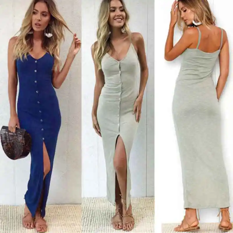 

Fashion Women Summer Button Casual V Neck Sleeveless Bodycon Evening Party Beach Long Maxi Dress