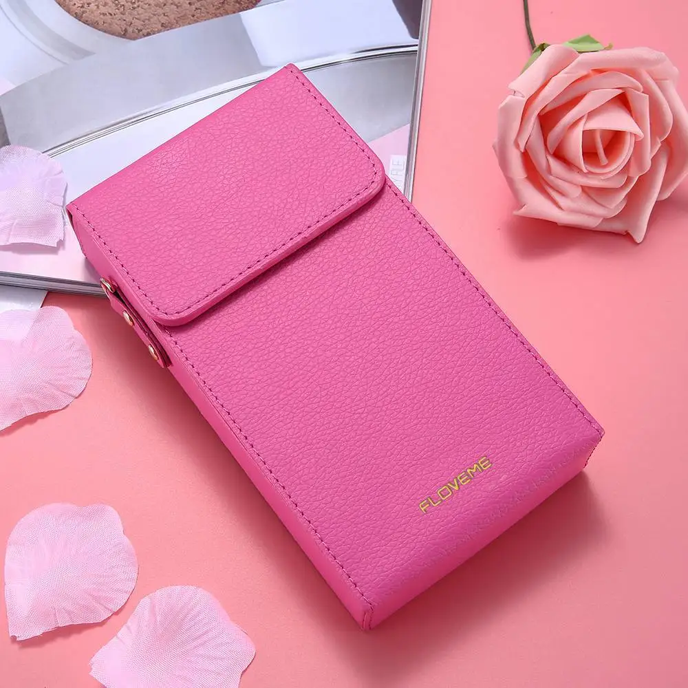 FLOVEME 6 PU Leather Shoulder Phone Bag Wallet Coque Universal Phone Bag For iPhone XR 7 8 Plus For Samsung S6 Pouch With Belt - Цвет: Hot pink