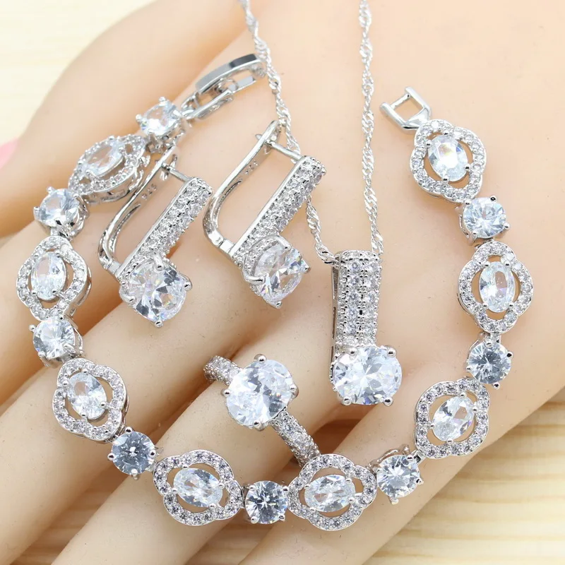 Женские свадебные комплекты ювелирных изделий из серебра 925, серьги-кольца, браслеты, кольца, ожерелье, подвеска из белого кубического циркония, подарочная коробка