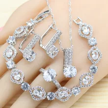 Women Wedding 925 Silver Jewelry Sets Hoop Earrings Bracelet Rings Necklace Pendant White Cubic Zirconia Gift Box Women Wedding 925 Silver Jewelry Sets Hoop Earrings Bracelet Rings Necklace Pendant White Cubic Zirconia Gift Box
