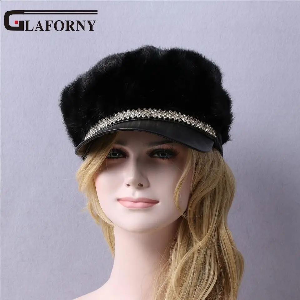 Glaforny Новинка года Брендовые женские модные шапки из натурального меха норки кепки с алмазной овечьей кожей козырьки горячий стиль женский мех - Цвет: black