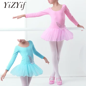 

YiZYiF Girls Ballet Tutu Dress Professional Cotton Tulle Long Sleeves Sequined Ballet Dance Dress Gymnastics Leotard