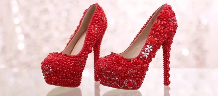 16_Pearl Diamond White Bridal Wedding Shoes Red Platform Super High Heels Woman Elegant Free Shipping Size 40