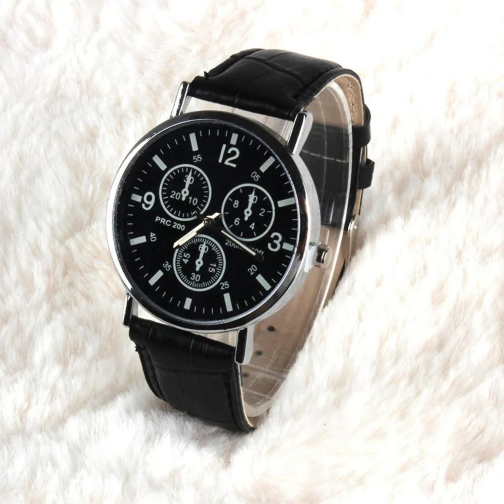 Elegant Men's Fashion Watch Glass PU Leather Three Eyes Dial Leisure