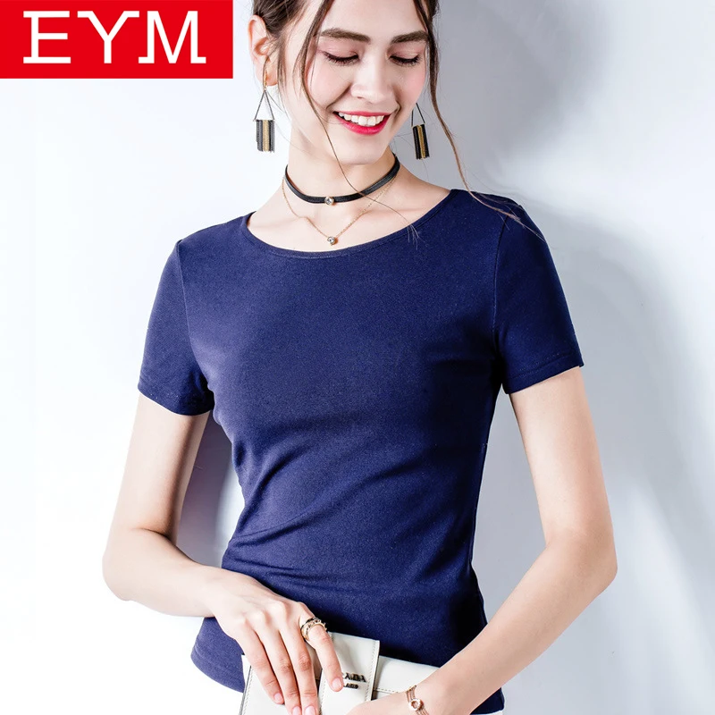 EYM 2019 Лето Новые Модные женские топы с круглым вырезом с коротким рукавом Футболка женская простой стиль основа однотонные цвета синий