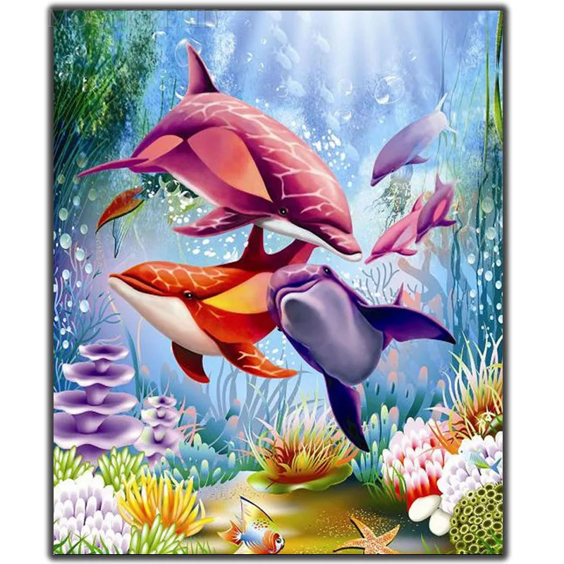 

5D Diy Diamond Painting Cross Stitch Colorful Dolphin Family Needlework 3D Diamond Embroidery Full Round Mosaic Decoration Resin