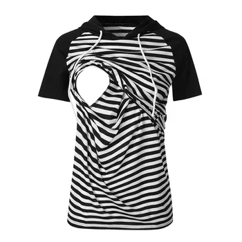 

Maternity Tops Women's Nursing Striped Hoodie Short Sleeve Maternity Shirt Breastfeeding Top Lactancia Plus Size Clothing S-XL