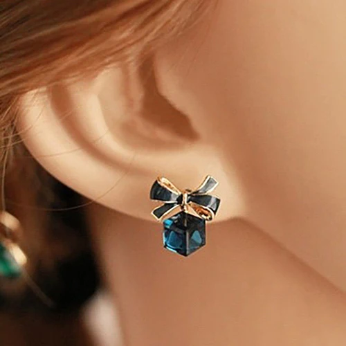 

Bluelans 1 Pair Women's Fashion Bowknot Cube Crystal Rhinestone Earrings