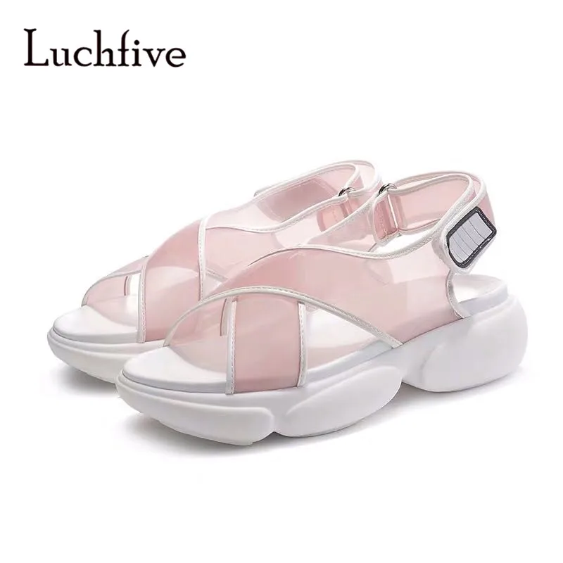 

2019 Summer Hot Selling PVC Cross Strap Flat Platform Sandals Girl's Casual Beach Shoes Women