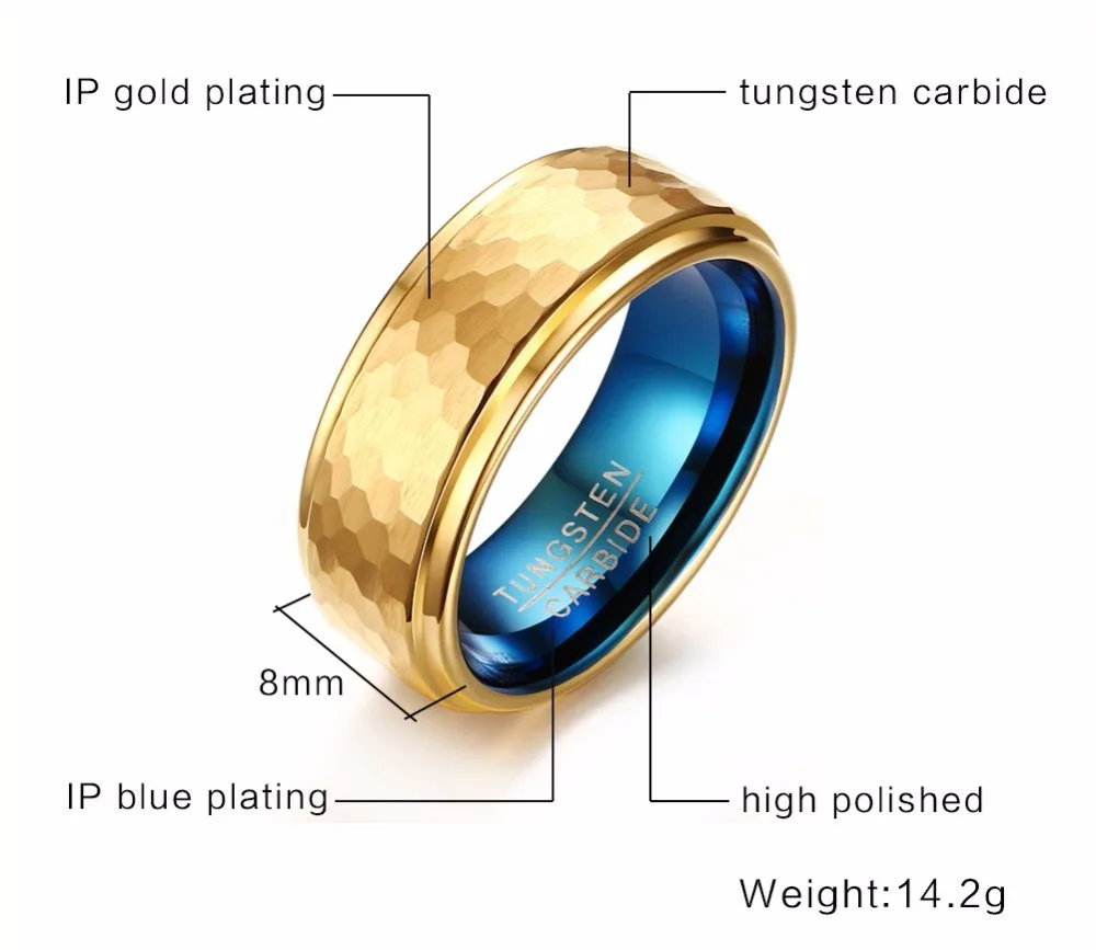 Модные мужские кольца s 8 мм синий вольфрам карбид золото-цвет чеканное кольцо для мужчин обручальное кольцо ювелирные изделия для мужчин anel masculino