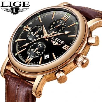 

LIGE New Mens Watches Top Brand Waterproof Sports Watch Automatic Date Mens Casual Brown Leather Quartz Clock Relogio Masculino