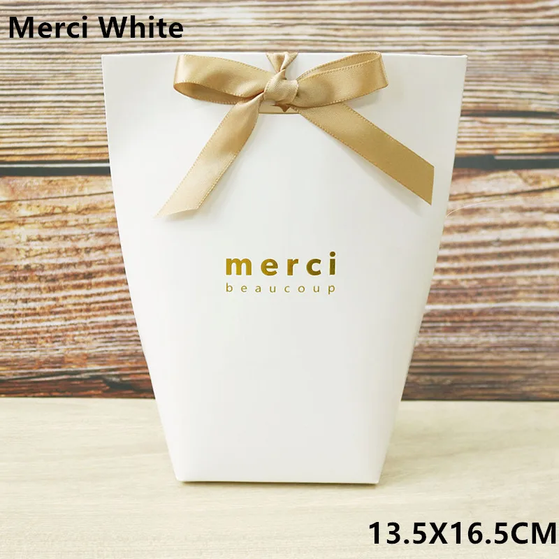 5 шт черно-белая бронзовая "Merci" конфетная Сумочка для драже французская спасибо Свадебные сувениры Подарочная коробка посылка на день рождения - Цвет: L Merci white