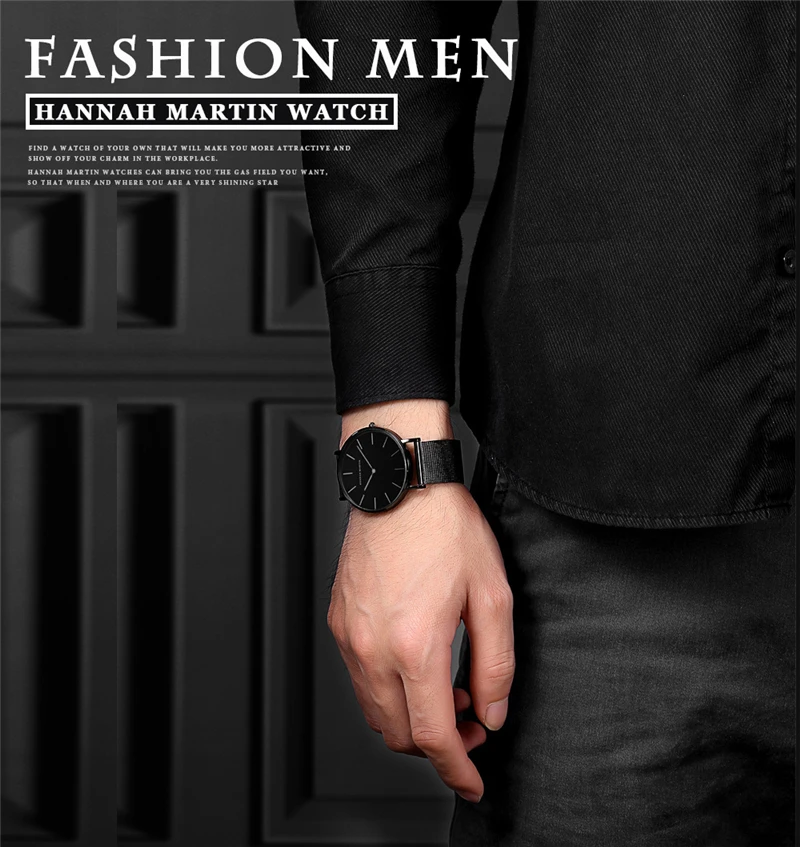Кварца Япония переместить Для мужчин t Для мужчин часы 40 мм HANNAH Martin браслет для мужчин сетки ультра-тонкий циферблат Водонепроницаемый